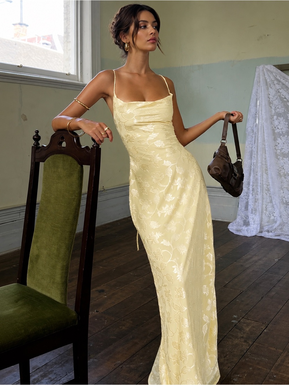 Princess Polly Pale Yellow Floral Backless Slip Dress